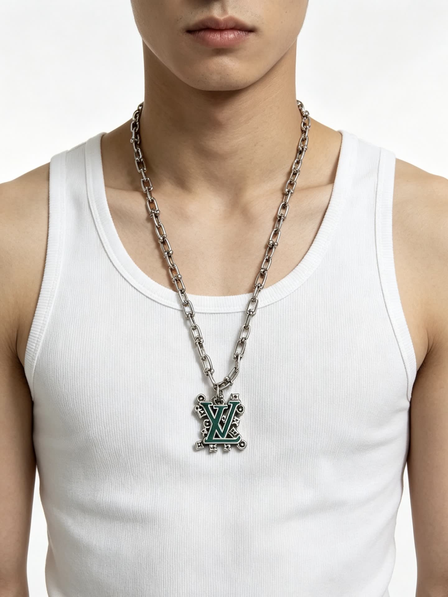 Louis Vuitton Silver Tone Chain Necklace with LV Pendant